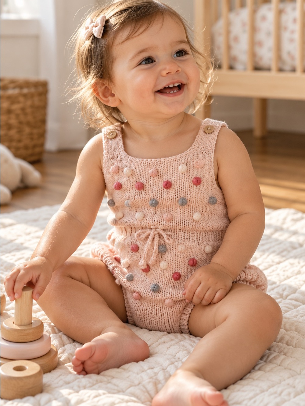 ChubbyBabyBear Pink Cotton Knit Pom Pom Baby Romper Size 80 12/18 months